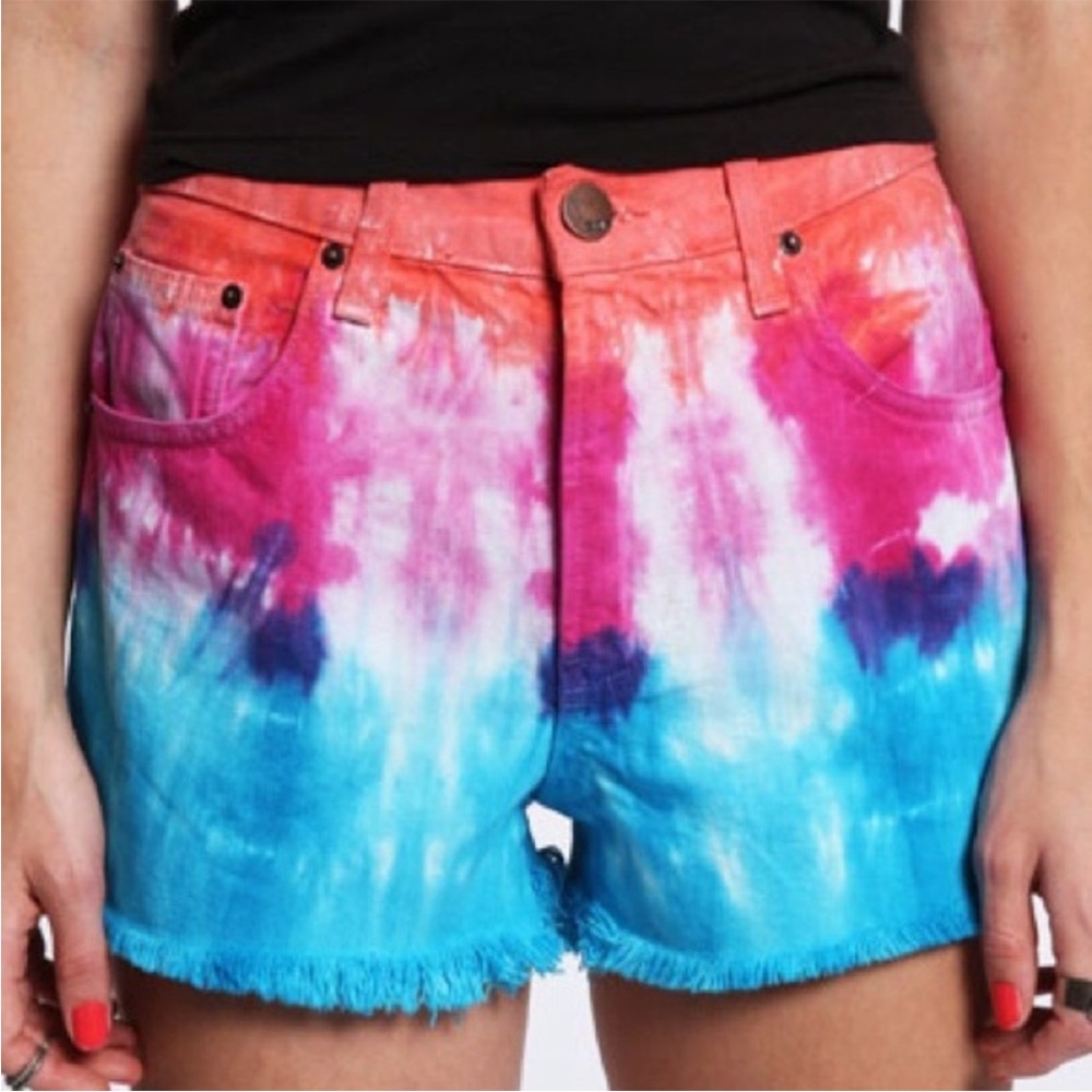 BDG Rainbow Tie Dye High Rise Cheeky Cutoff Denim Jean Shorts Size 29